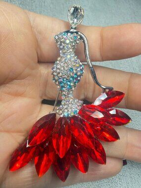 Lady Brooch Red Crystal Dress Pendant Rhinestones